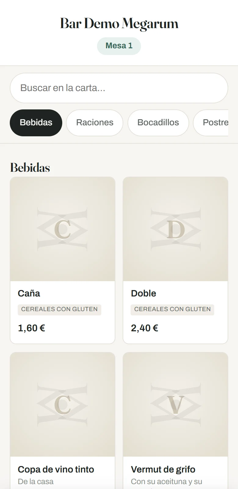 La carta de un bar en el m&oacute;vil del cliente, con precios y al&eacute;rgenos