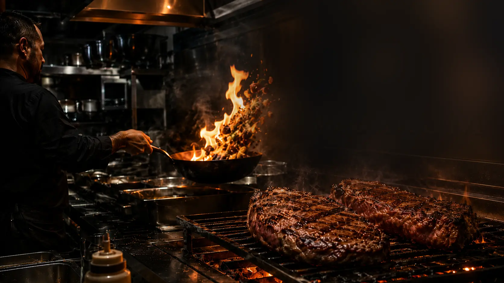 La cocina de un restaurante en pleno servicio: un cocinero saltea en el
              wok mientras dos chuletones se hacen en la parrilla