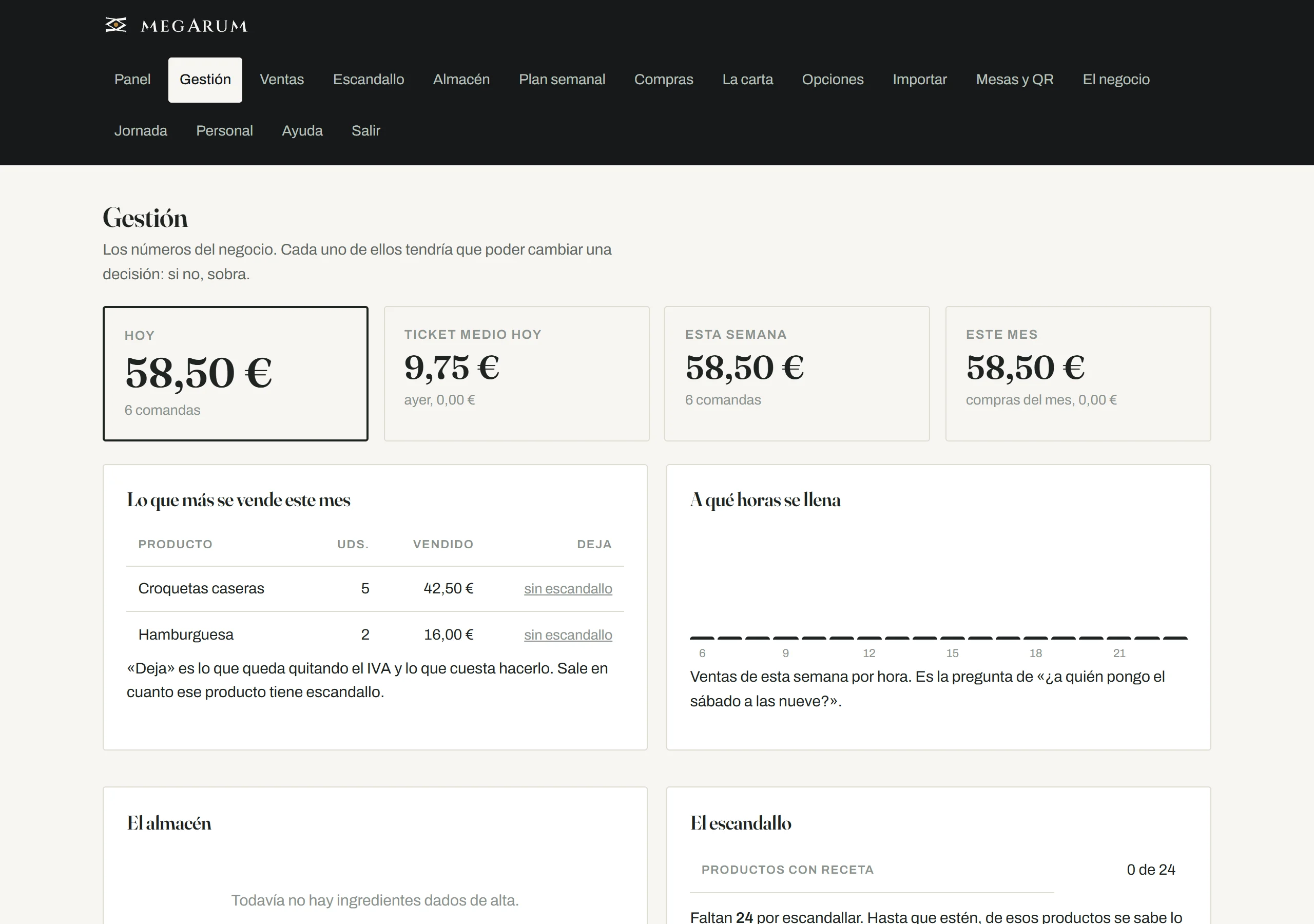 La pantalla de gesti&oacute;n con m&aacute;rgenes, costes y stock